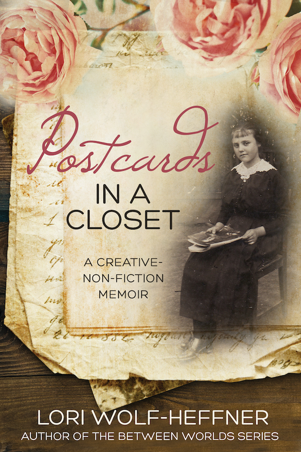 Cover of Postcards in a Closet, by Lori Wolf-Heffner. A teenager in a dress sits on a chair, with a magazine in hand. She's from the late 1910s.