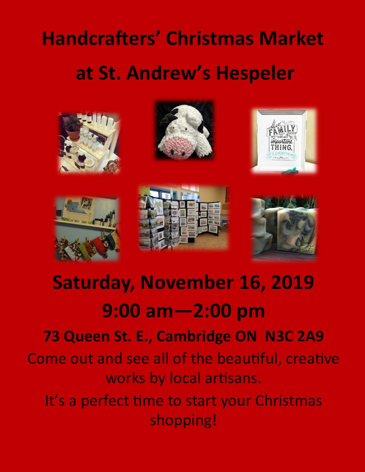 Red poster with pictures of various crafts for purchase as St. Andrew's Hespeler Craft Show