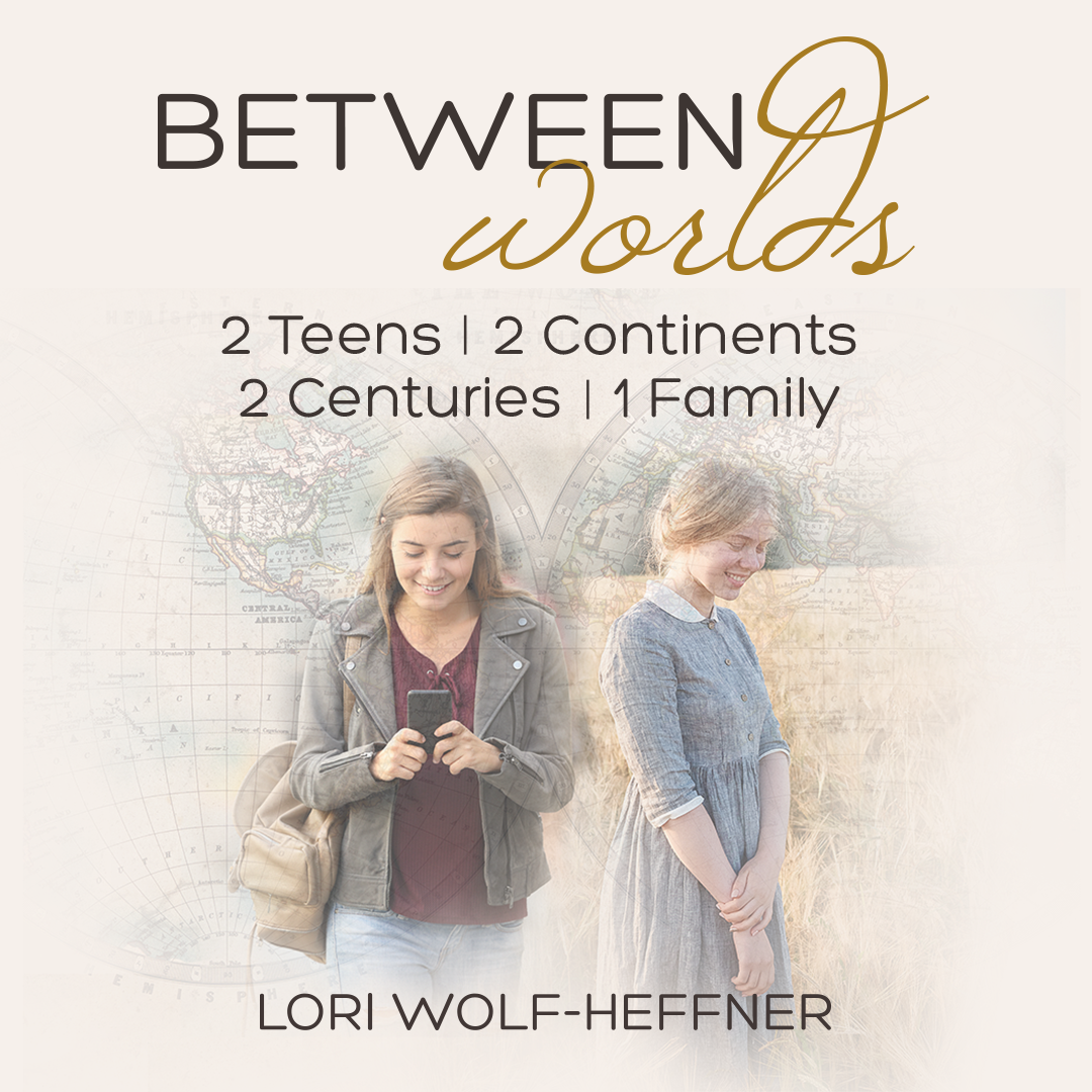 Series artwork for 'Between Worlds,' with one teen dressed in 21st-century clothing and another in an early 20th-century rural dress.