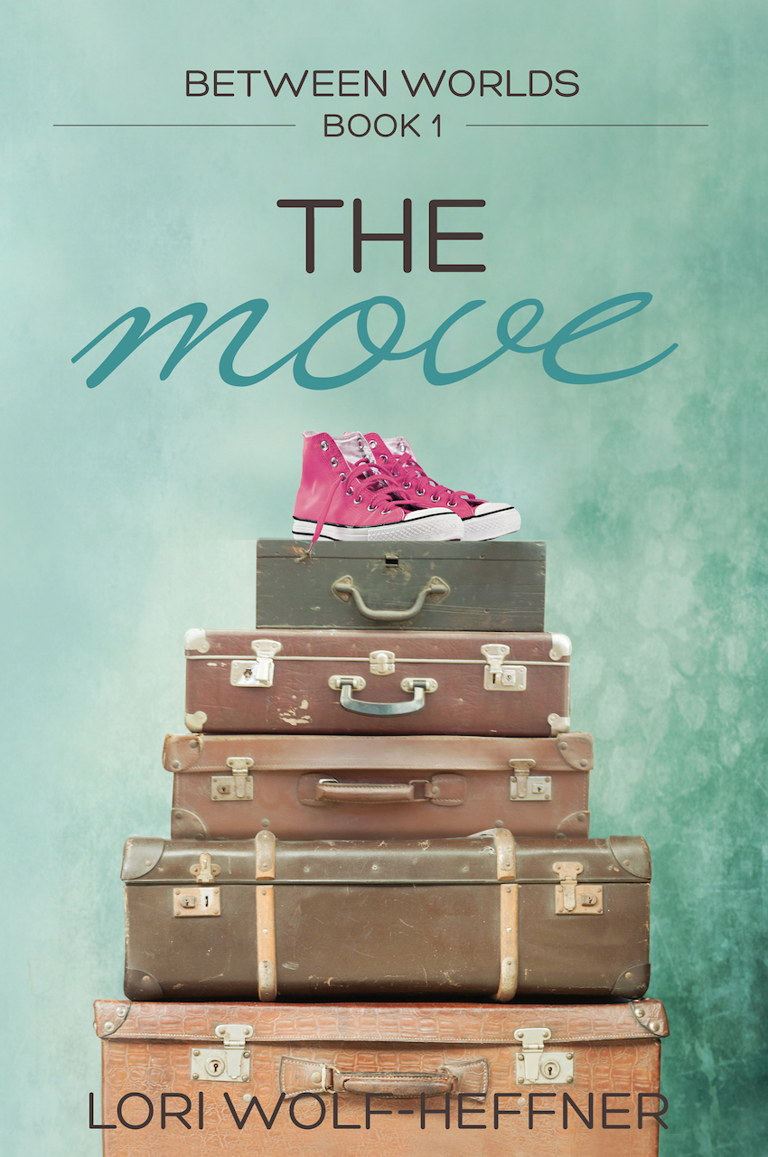 A pile of old suitcases wtih a pair of pink high-tops at the top. The cover for Between Worlds 1: The Move by Lori Wolf-Heffner