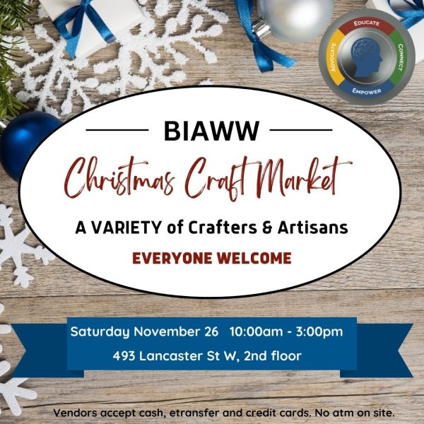 Graphic showing details of the BIAWW's Christmas craft market, a Kitchener Christmas market