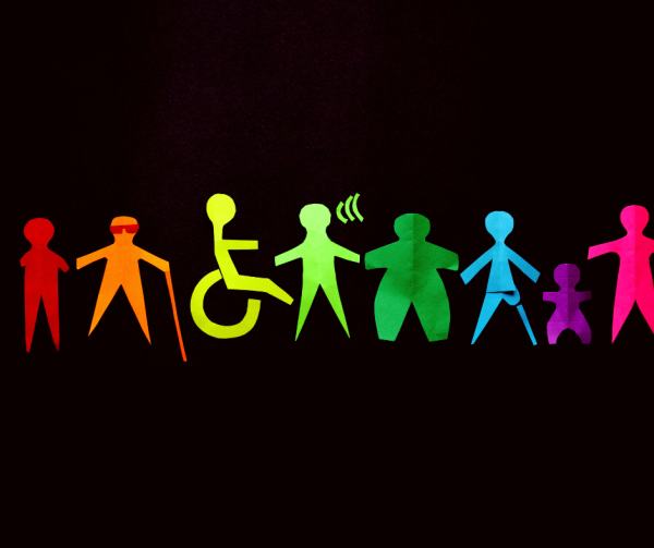 Image of brightly coloured cutouts of disabled figures on a black background.