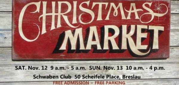 Graphic of a Christmas Market sign with details of the Christmas Market at the Schwaben Club.