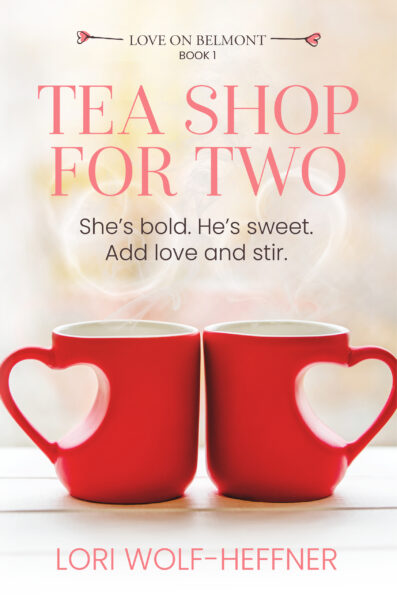 Cover of Love on Belmont 1: Tea Shop for Two: two red mugs with heart-shaped handles.