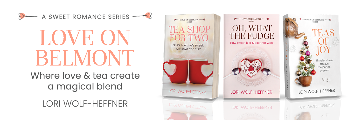 A copy of 'Tea Shop for Two' leaning against a stack of copies. Tagline: She's bold. He's sweet. Add love and stir.
